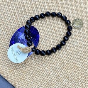 DALLYSISTERS Bracelet Black Faceted Agate Beads With Antique Religious Charm NWT